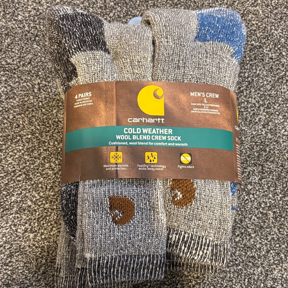 Carhartt Men's Wool Blend Crew Socks in Gray with Brown & Blue Accents (4 Pack)